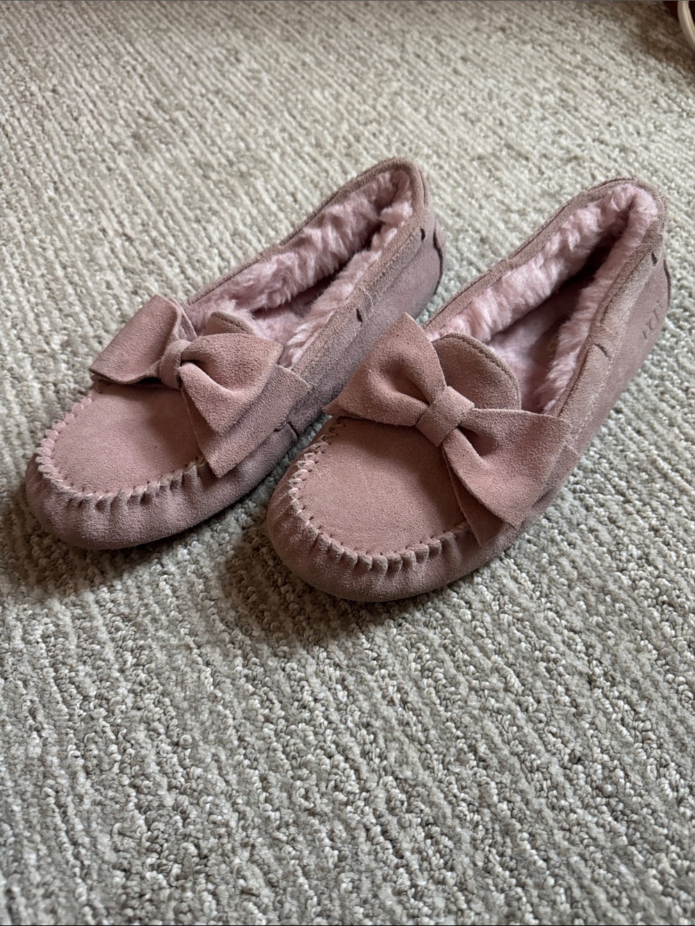 UGG Pink Bow Suede Shearling Moccasin Slippers